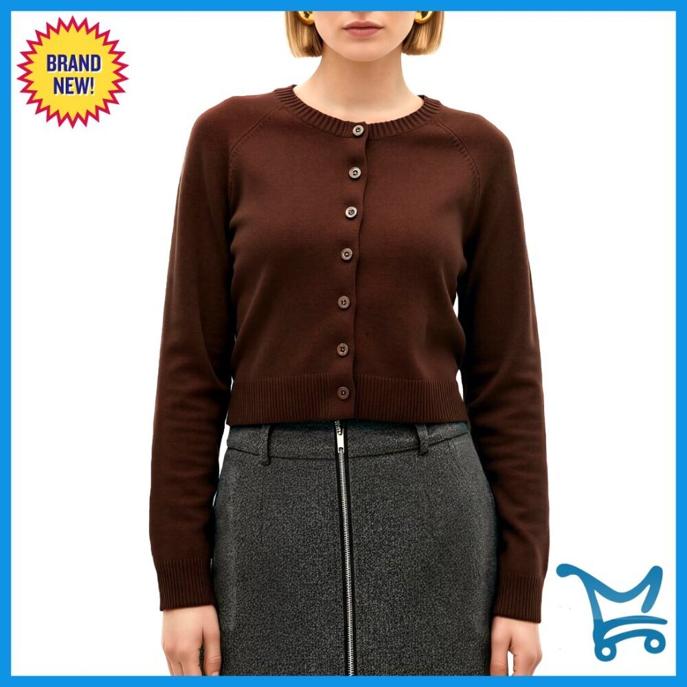 Cropped Crew Neck Cardigan Sweater Lightweight Button Up Regular Fit